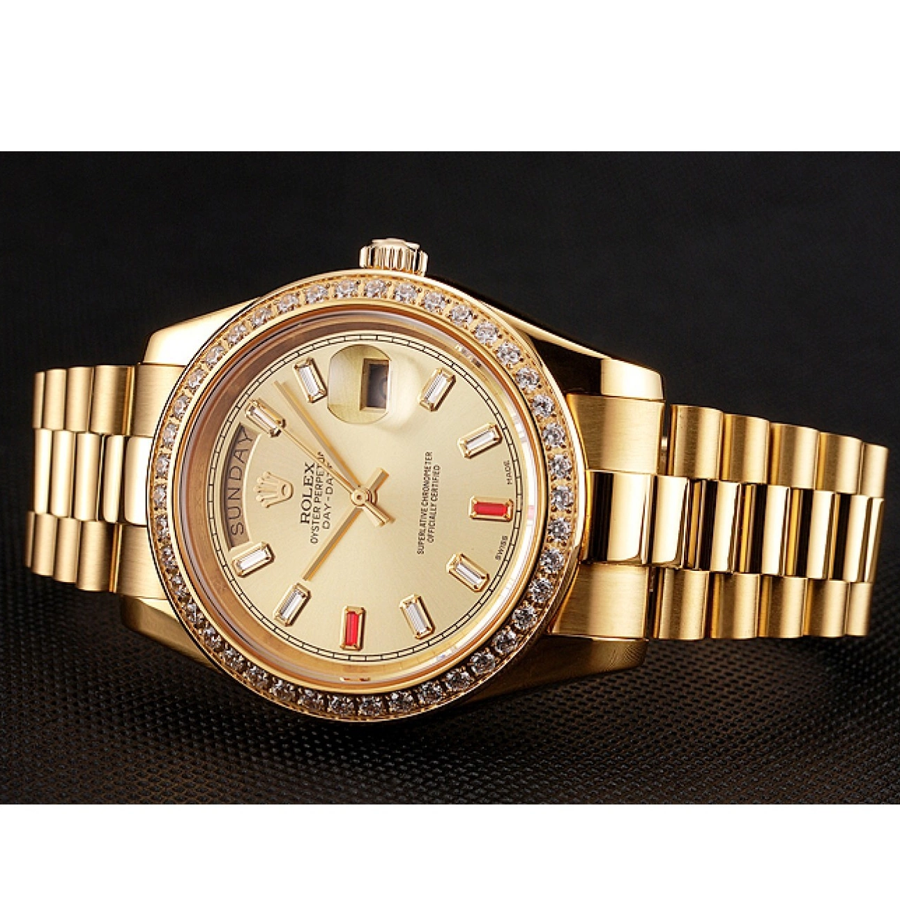 Good Copy Rolex Watches Rolex Day-Date Rubies Gold Swiss Diamonds Dial 1454100 And Champagne Bracelet 0714
